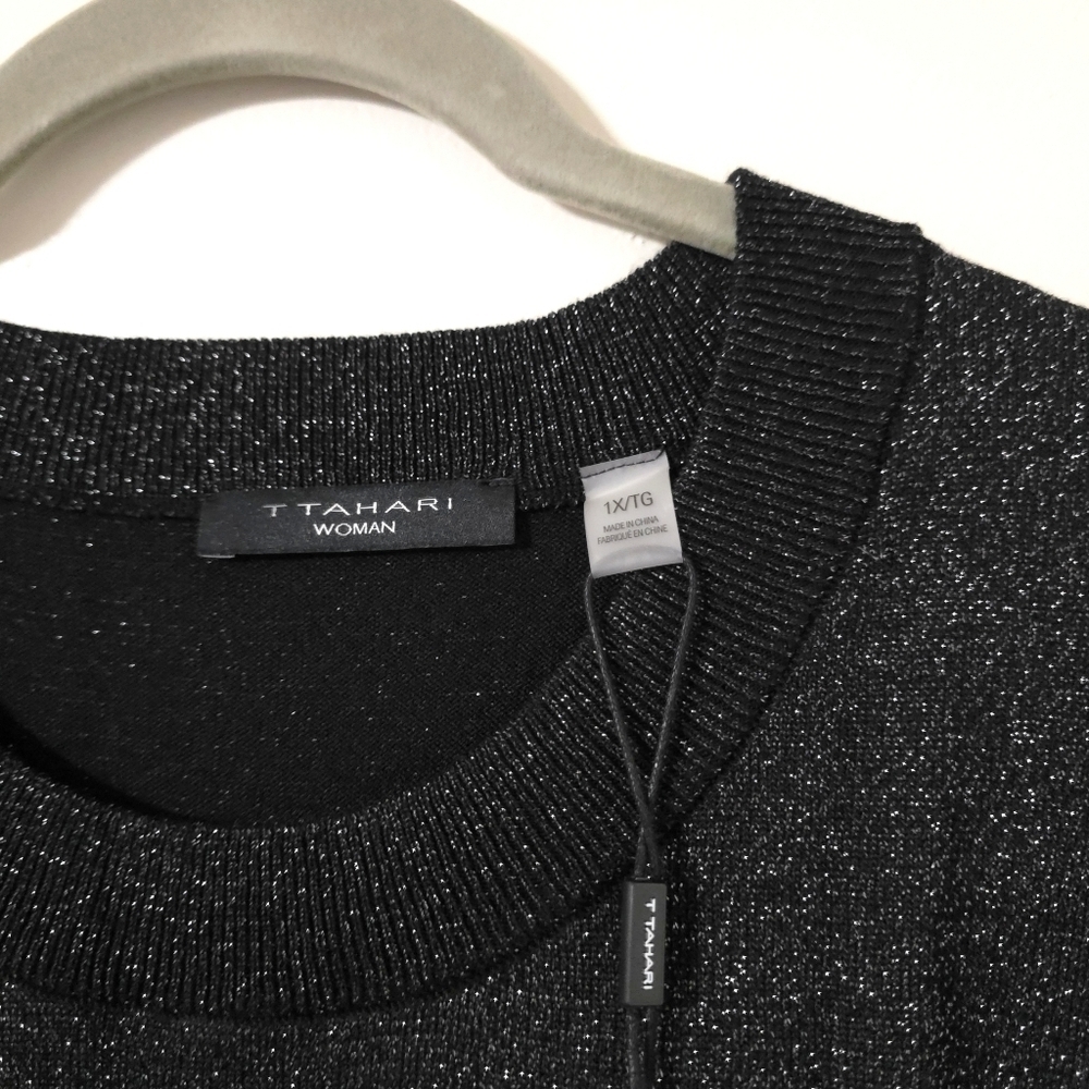T TAHARI Plus Size Glitter Metallic Black Knit Crewneck Sweater, Longer Back, 1X - Picture 10 of 17
